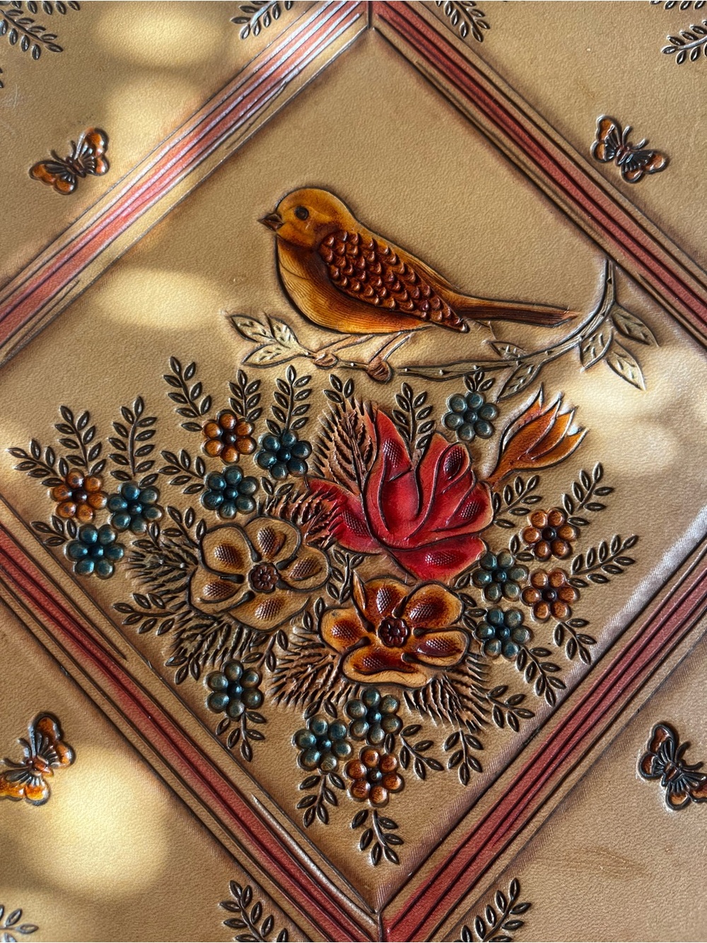 Vintage Tooled Leather Bird & Floral Binder Photo Album . suede lined inside
